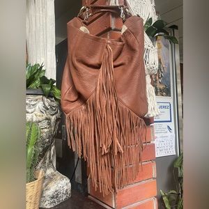 Etienne Aigner Large Chestnut Leather Fringe Boho Handbag with Gold Hardware